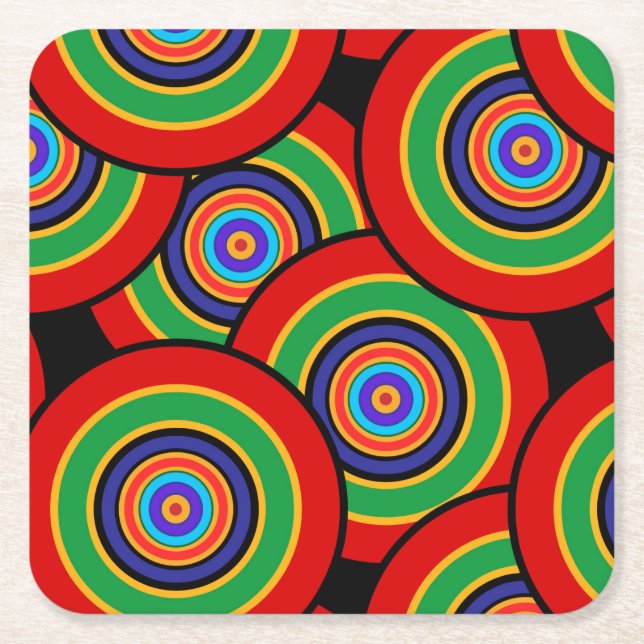 Circles and rings retro square paper coaster (Front)