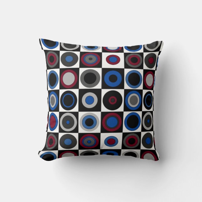 Circles and Squares (Red,Blue,White,Black+Grey) Throw Pillow (Front)