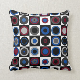 Circles and Squares (Red,Blue,White,Black+Grey) Throw Pillow