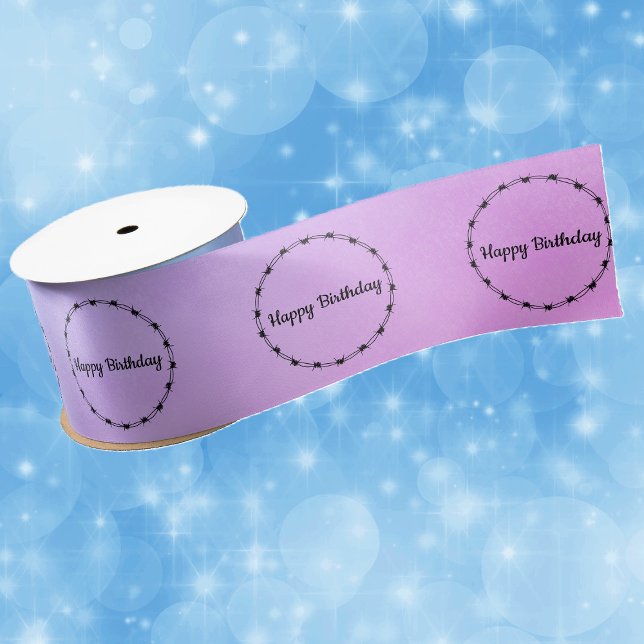 Circles Black Barbed Wire Happy Birthday Blue Pink Satin Ribbon (Circles of black barbed wire on pink fading to blue Happy Birthday gift wrap ribbon.)