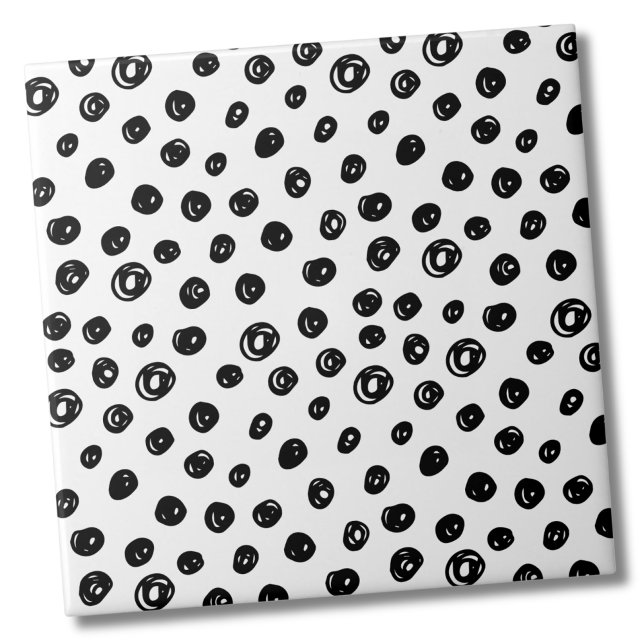 Circles Dots Pattern Black White Tile (Cute Messy Dots Circles Pattern Black White Ceramic Tile)