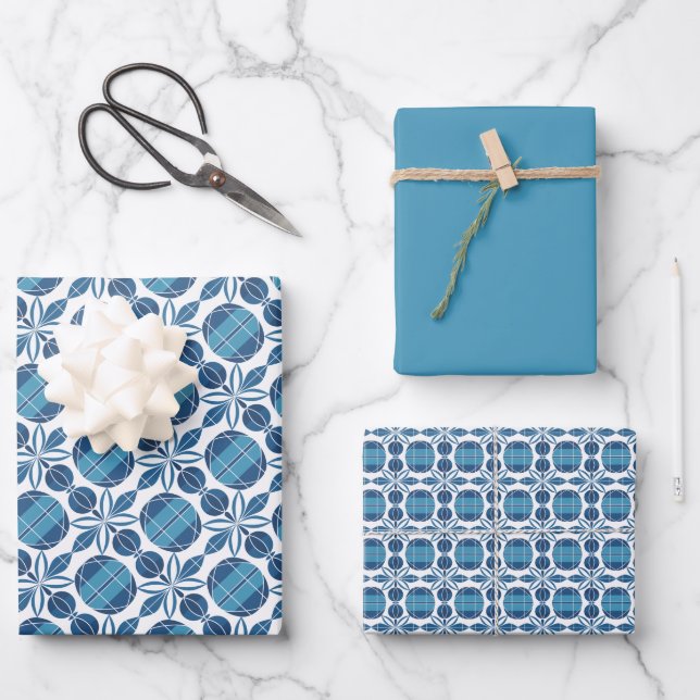 Circles & Flower Pattern – Cornflower Blue Wrapping Paper Sheet (Front)
