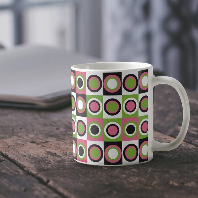 Circles Retro Pattern Pink Black Green White Coffee Mug (A mug with a retro pattern of pink, green, black and white squares)