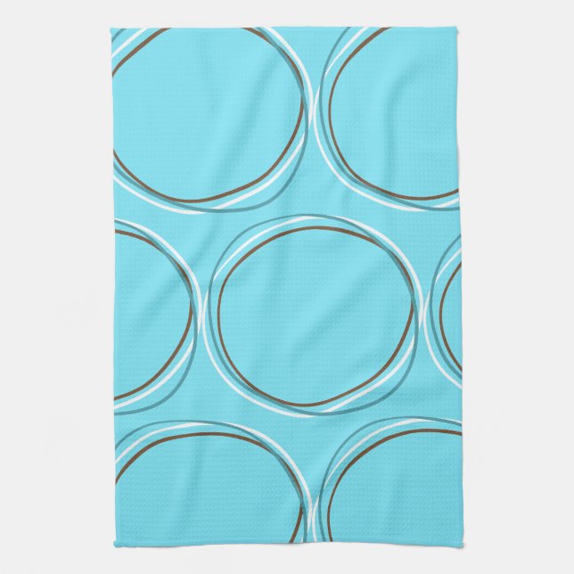 Circles Turquoise White Brown hand drawn Kitchen Towel (Vertical)