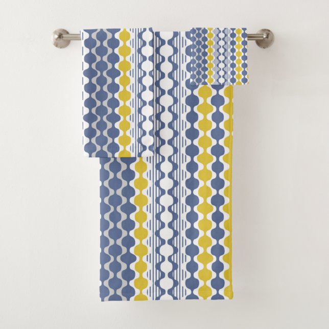 Circles, waves, lines, mustard yellow, white, blue bath towel set (Insitu)