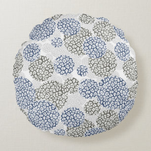 Circles with grey and blue leopard skin print round pillow