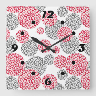 Circles with grey and red leopard skin print Square Wall Clock