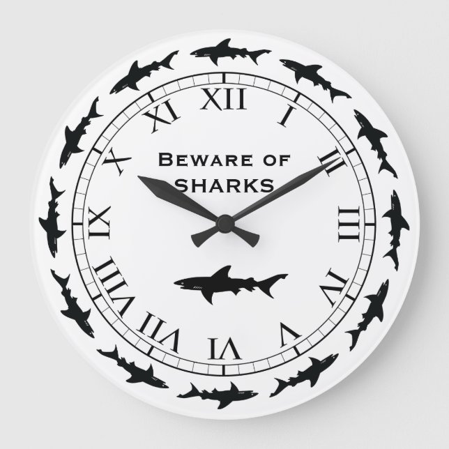 Circling SHARKS - Beware of Sharks Fishing Boat Large Clock (Front)