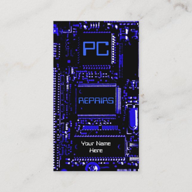 Circuit Blue 'PC repairs' business card template (Front)