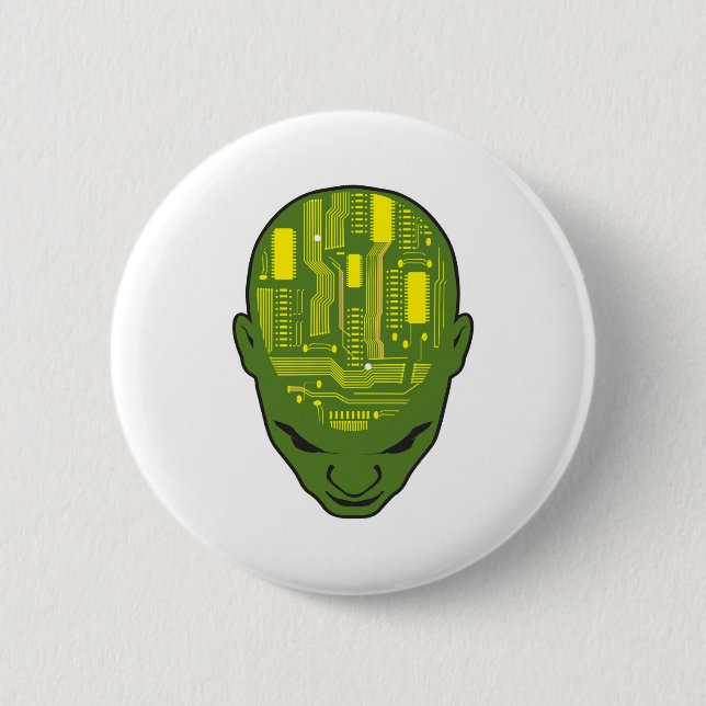circuit board brain head yellow and green 2 inch round button (Front)
