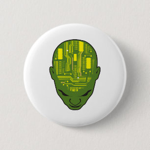 circuit board brain head yellow and green 2 inch round button