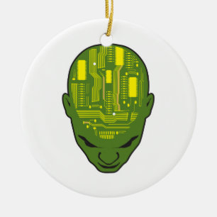 circuit board brain head yellow and green ceramic ornament