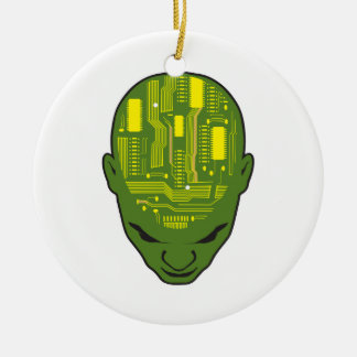 circuit board brain head yellow and green ceramic ornament