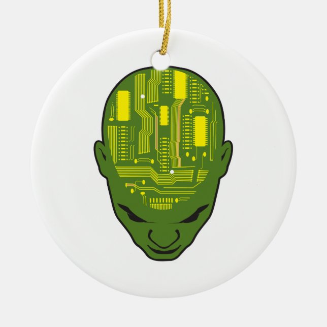 circuit board brain head yellow and green ceramic ornament (Front)