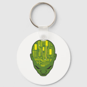 circuit board brain head yellow and green keychain