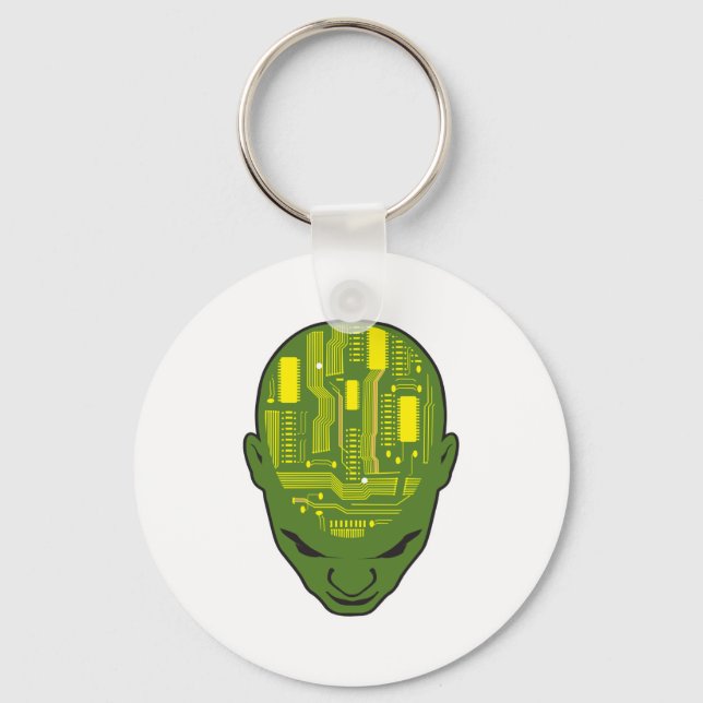 circuit board brain head yellow and green keychain (Front)