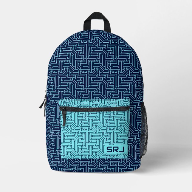 Circuit Board Neon Green Blue Custom Monogram Printed Backpack (Front)