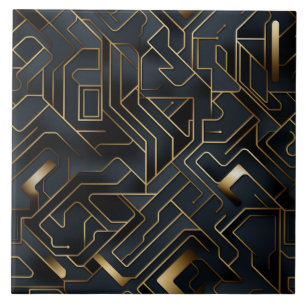 Circuit Board Pattern, Black and Gold, Seamless Tile