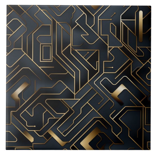 Circuit Board Pattern, Black and Gold, Seamless Tile (Front)