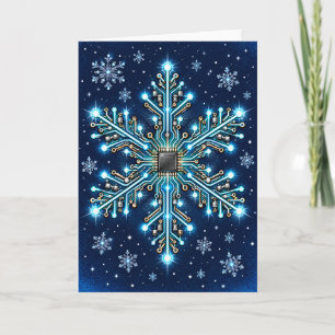 Circuit Board Snowflake with Glowing Blue Microchi Holiday Card