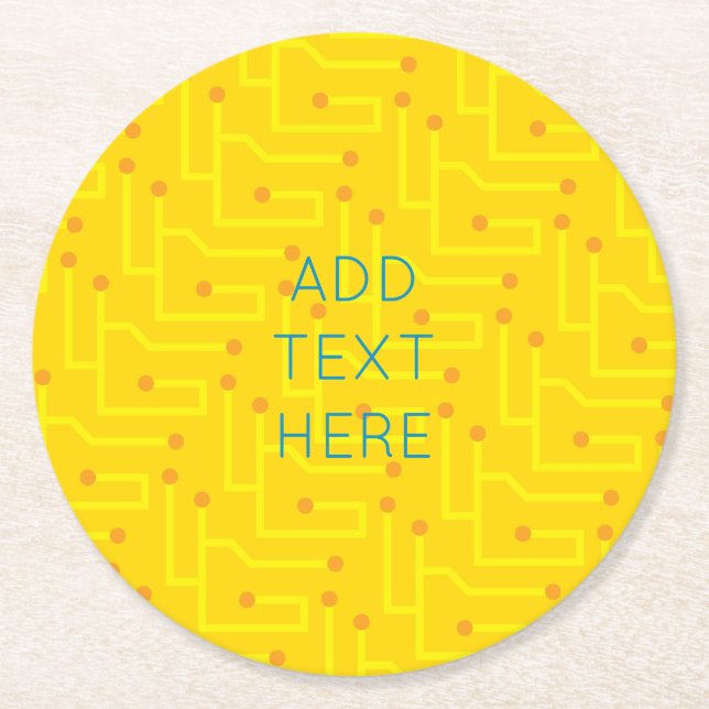 Circuit Board yellow orange Computer Tech Modern  Round Paper Coaster (Front)