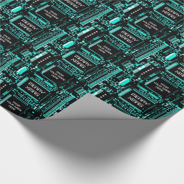 Circuit Light Blue 'Merry Xmas from...' gift wrap (Corner)