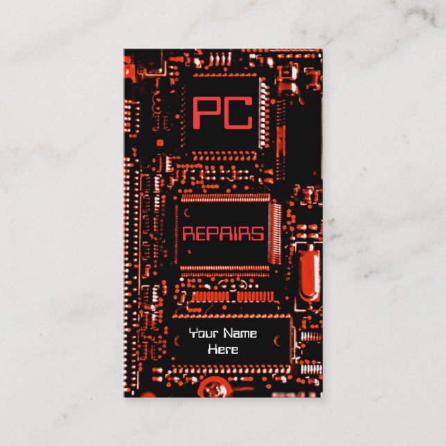 Circuit Red 'PC repairs' business card template (Front)