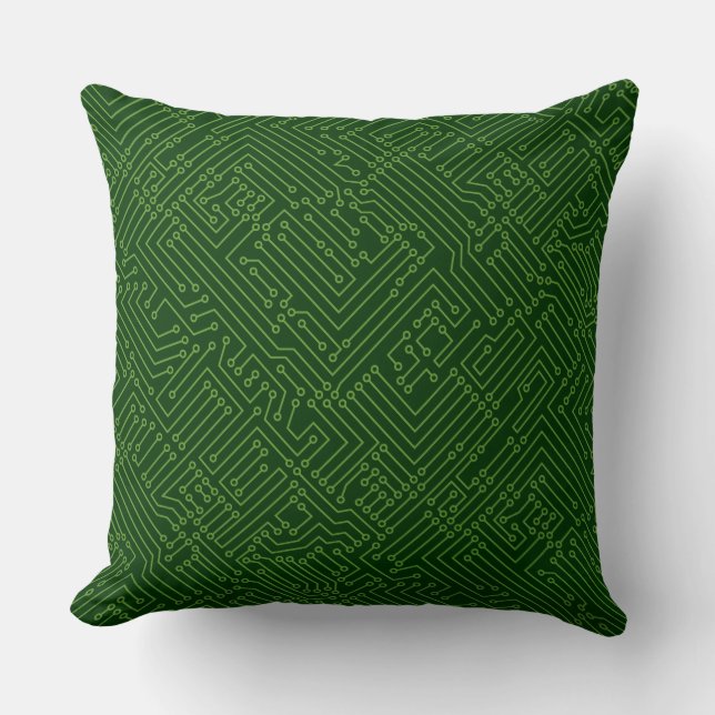Circuitry - Avocado Green on Dark Forest Green Throw Pillow (Front)