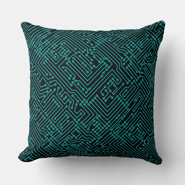 Circuitry - Cyan on Black Throw Pillow (Front)