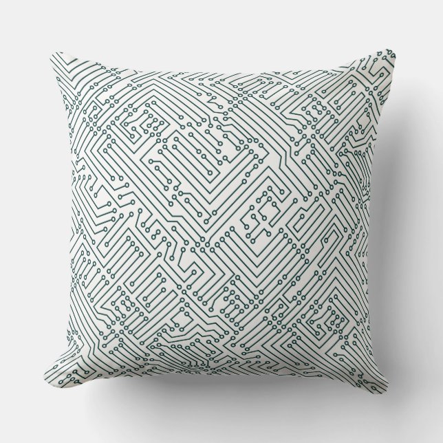 Circuitry - Dark Moss Green on White Throw Pillow (Front)