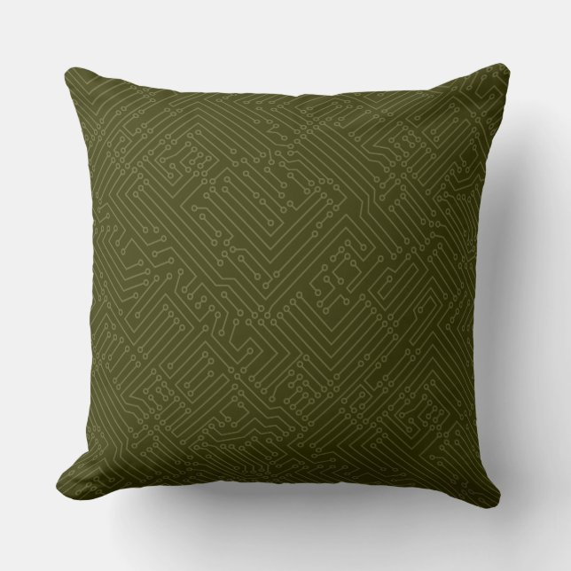 Circuitry - Deep Olive on Dark Olive Throw Pillow (Front)