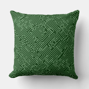 Circuitry - Ghost Green on Dark Forest Green Throw Pillow