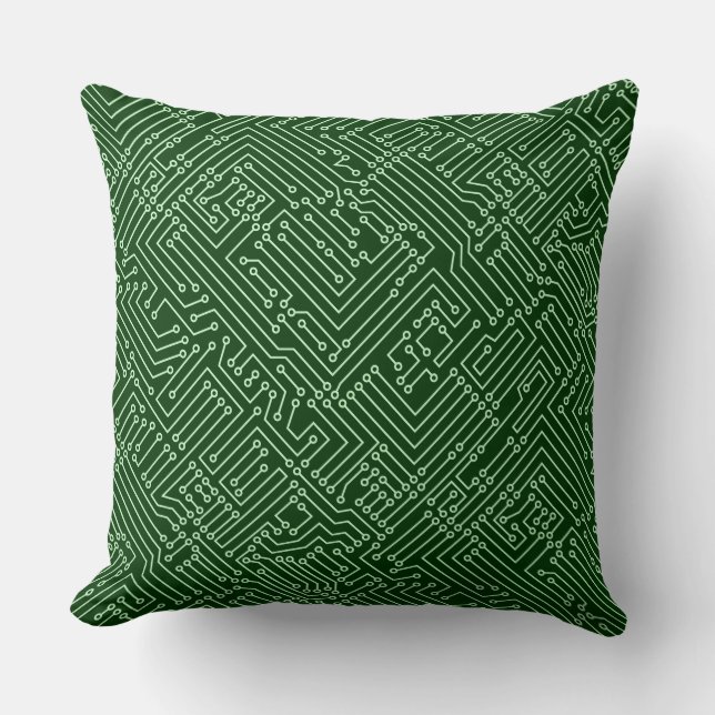 Circuitry - Ghost Green on Dark Forest Green Throw Pillow (Front)