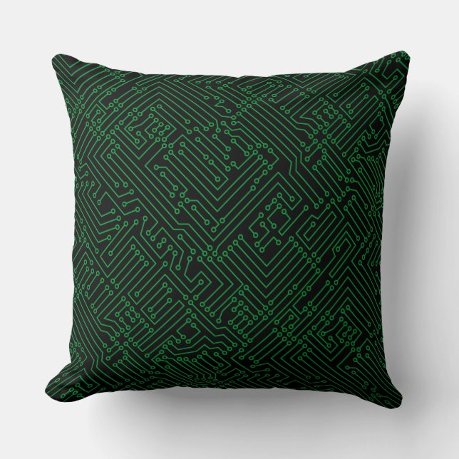Circuitry - Grass Green on Black Throw Pillow (Front)