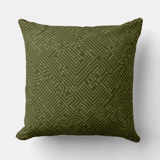 Circuitry - Khaki on Dark Olive Throw Pillow (Front)