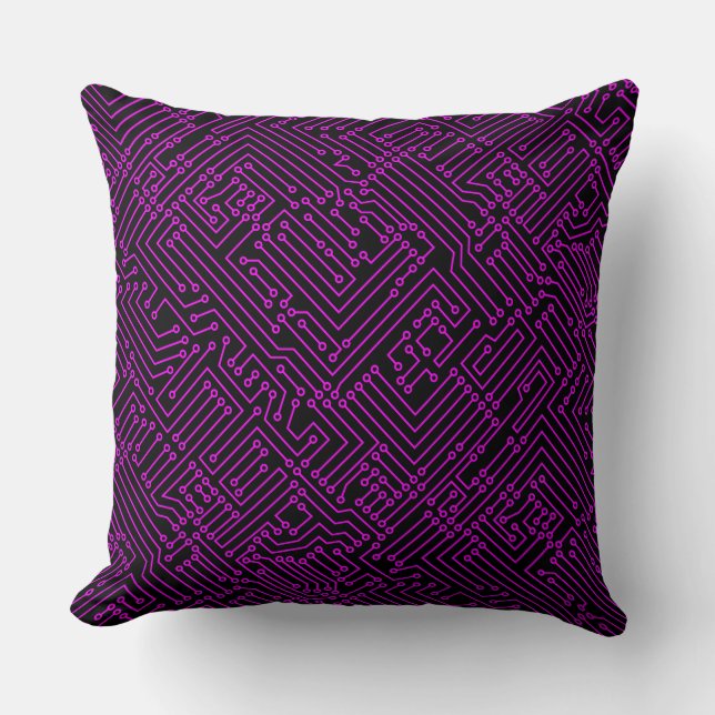 Circuitry - Magenta on Black Throw Pillow (Front)