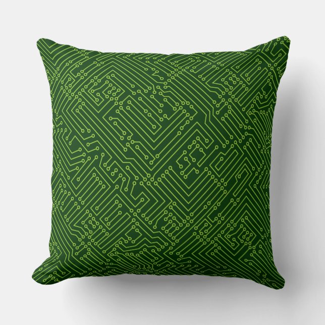 Circuitry - Martian Green on Dark Forest Green Throw Pillow (Front)
