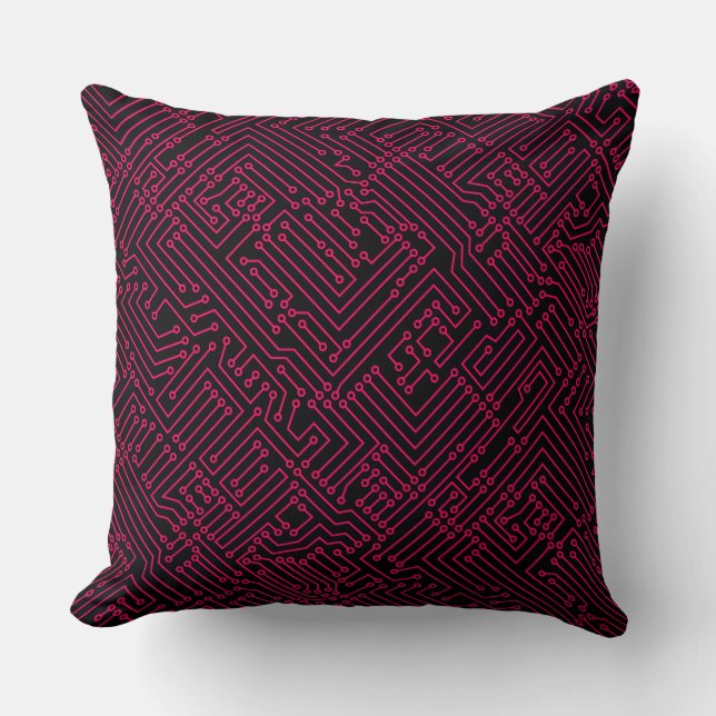 Circuitry - Neon Red on Black Throw Pillow (Front)