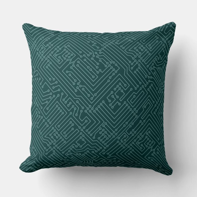 Circuitry - Ocean Green on Dk Moss Green Throw Pillow (Front)