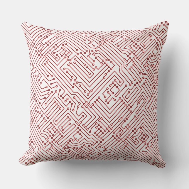 Circuitry - Ruby Red on White Throw Pillow (Front)