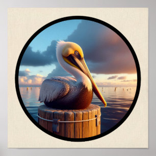 Circular 3D Image of a Beautiful Brown Pelican Poster