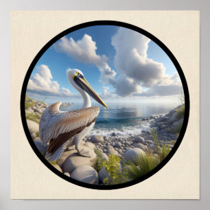 Circular 3D Image of a Beautiful Brown Pelican Poster