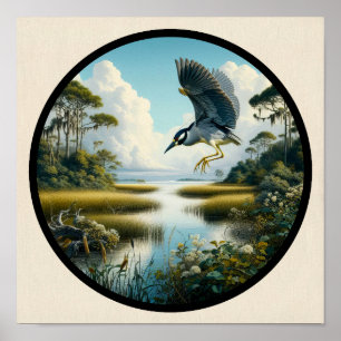 Circular 3D Image of a Yellow-crowned Night Heron Poster
