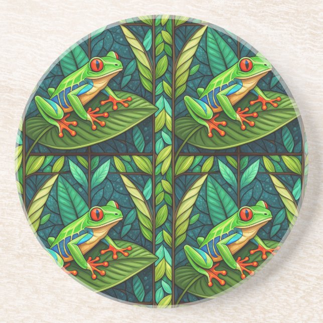Circular coaster set with vibrant red-eyed tree  (Front)