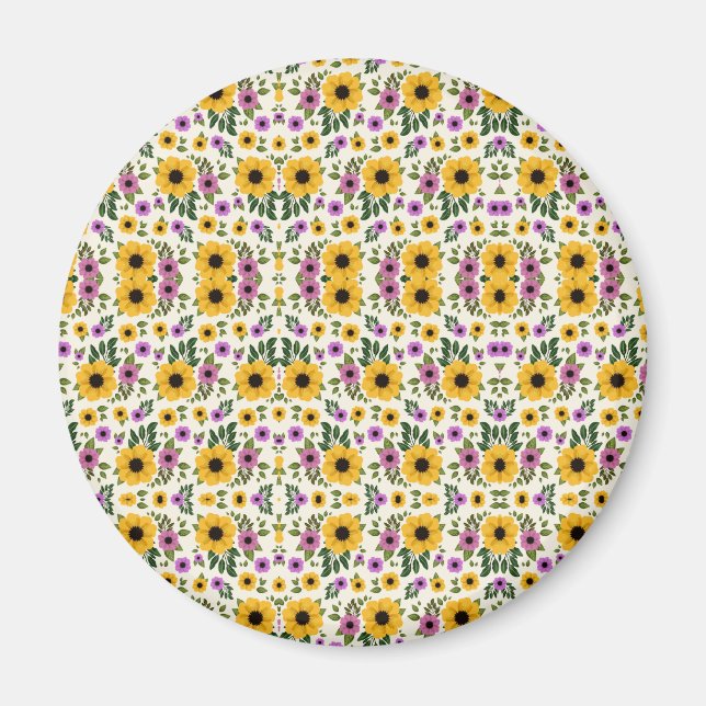 Circular floral button with vibrant yellow magnet (Front)