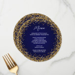 Circular Gold Glitter Navy Ombre Menu<br><div class="desc">A circular border of faux gold glitter against a dark navy blue radial gradient background.
A minimalist menu text design for your special event or wedding.
The faux glitter prints like a photo on this round menus.</div>