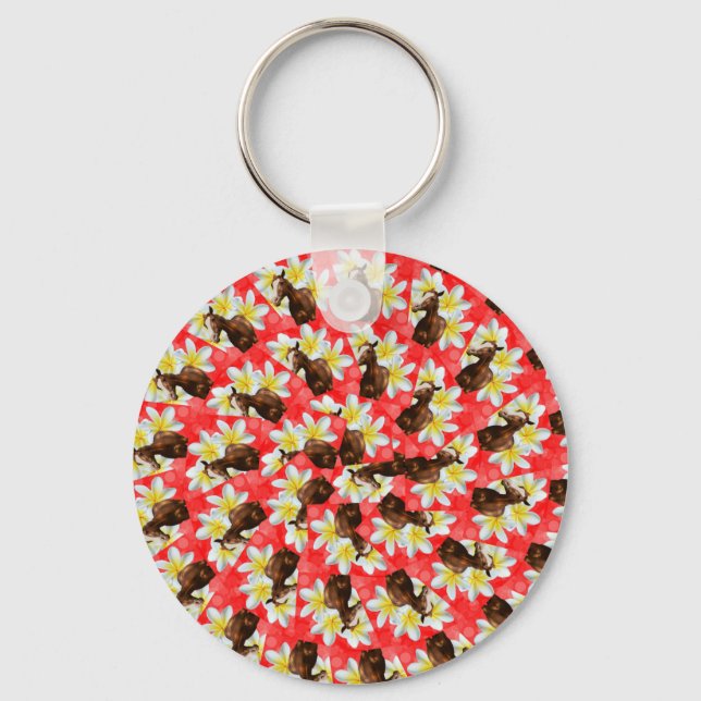 Circular Horses And Frangipani Design, Keychain (Front)