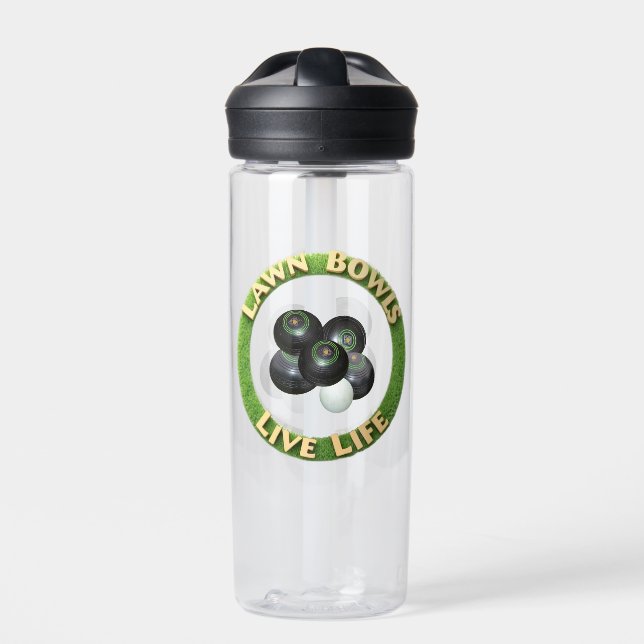 Circular Lawn Bowls Live Life With Lawn Bowls, Water Bottle (Front)