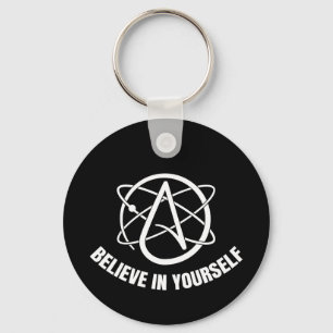 Circular metal key of atheism and science. keychain