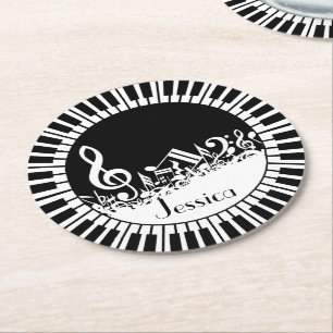 Circular Piano Keys and Jumbled Music Notes Round Paper Coaster